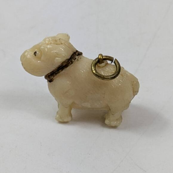 Vintage Miniature Celluloid Bulldog Dog Charm Japan Cream with Collar & Ring - Picture 2 of 4